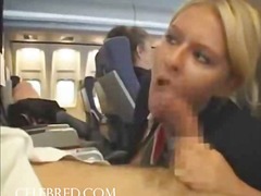 Sexy stew sucking and stroking dick on plane uniform.
