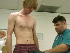 Cute blonde gay dude comes to a physical to get handjob.