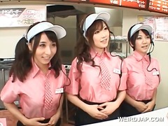 Asian busty teen trio flashing tits at the fast food.