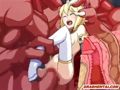 Cute hentai caught and monster cock fucked.